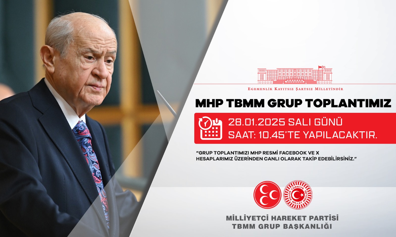 MHP TBMM Grup Toplantımız #28Ocak2025 Salı günü (Yarın) Saat:10.45’te yapılacaktır.